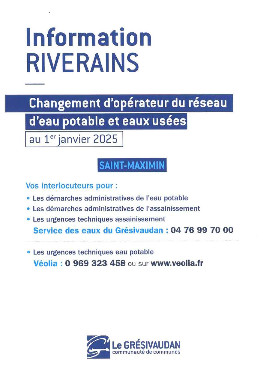 Changement d’opérateur des réseaux d’eau (potable et usées) au 1er janvier 2025