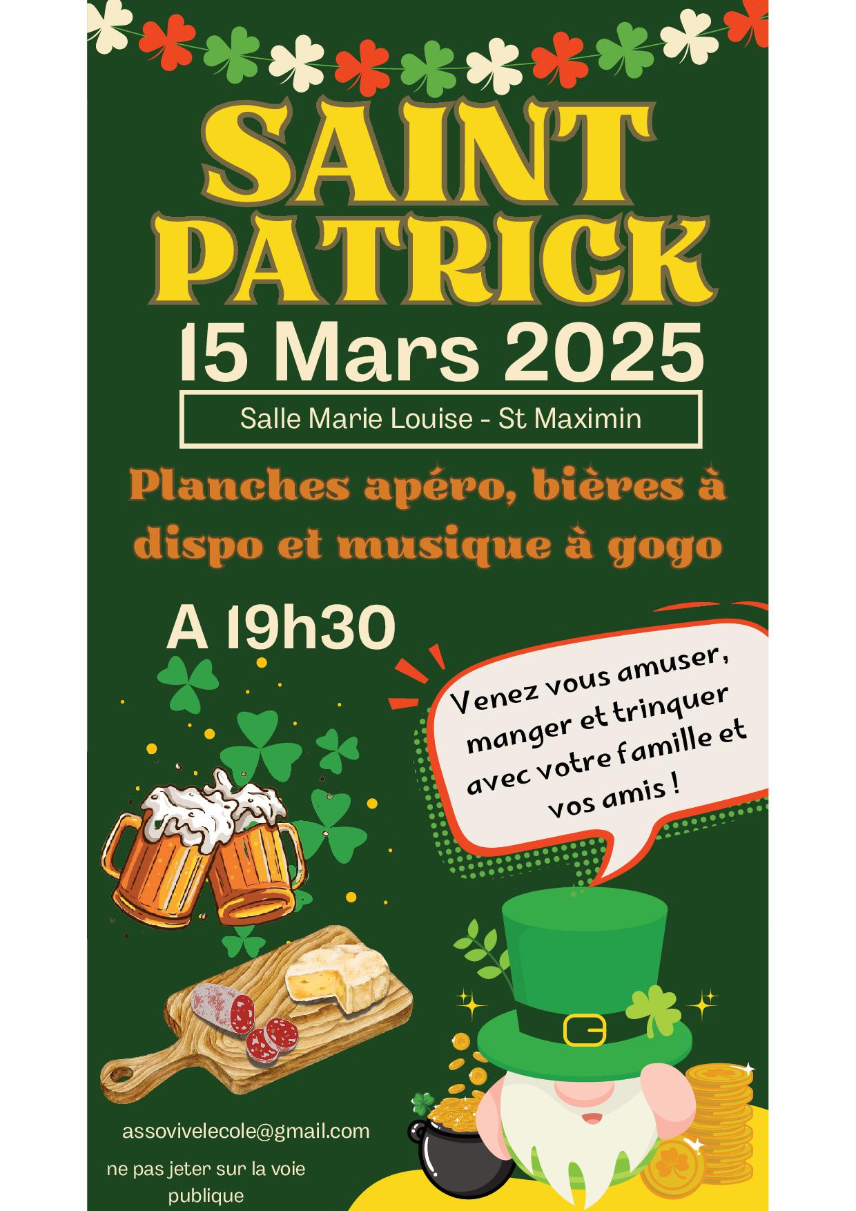 Soirée Saint Patrick - samedi 15 mars 2025, à 19 h 30, à la salle Marie-Louise (place Roger Durieux)